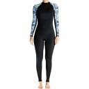 Traje de baño de mujer de cuerpo entero de 3 mm con mangas largas y cremallera en la espalda para nadar, surfear y bucear, negro con estampado azul de hojas 1