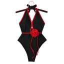Traje de baño de una pieza para mujer con escote pronunciado, decoración floral, estilo retro, con lazo en la espalda, elegante ropa de playa 3