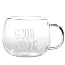 Transparent glaskrus med påskriften Godmorgen 350 ml Krus med hank 7 x 8,5 cm Glaskrus til kaffe, te, kakao og morgenmadssmoothies 5