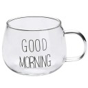 Transparent glaskrus med påskriften Godmorgen 350 ml Krus med hank 7 x 8,5 cm Glaskrus til kaffe, te, kakao og morgenmadssmoothies 4