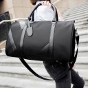 Travel Bag with Two Handles in a Leather Look Main Zip Compartment Rounded Sides and Flat Base Diagonal Decorative Trims Oxford Fabric Black 2