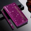 Trblietavé flipové puzdro pre Samsung Galaxy S24+ Kapsa na zips a priehradka na karty Pútko na ruku Materiál PU kože Knížkový obal na mobil 20