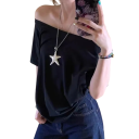 Tričko s odhalenými rameny Volný střih Ležérní dámský top Elegantní pohodlný styl Módní tričko do práce i na volný čas 2