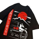 Tricou cu mânecă scurtă și imprimeu de mașină sportivă în stil japonez cu soare roșu și munți pe spate și pe piept unisex 21