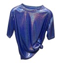 Tricou cu mânecă scurtă și strălucitor pentru femei, croială lejeră, top strălucitor cu decolteu rotund, tricou la modă pentru petreceri 3