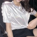 Tricou cu mânecă scurtă și strălucitor pentru femei, croială lejeră, top strălucitor cu decolteu rotund, tricou la modă pentru petreceri 8
