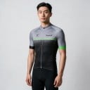 Tricou de ciclism pentru bărbați, negru și gri, cu mânecă scurtă și fermoar pe toată lungimea, cu bandă verde pe piept 2
