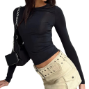 Tricou elastic cu mânecă lungă pentru femei, top simplu, neted, design minimalist, croială slim, tricou elegant în culoare uni, pentru purtare zilnică. 3