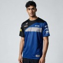 Tricou pentru bărbați cu mânecă scurtă și umeri negri cu bandă diagonală gri și imprimeu în stilul unui tricou de curse pe drum, albastru-negru 3