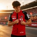 Tricou roșu pentru bărbați cu numărul 63 și mâneci scurte negre în stilul unui tricou de curse motociclistice pentru fanii curselor pe șosea 5