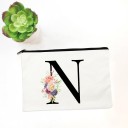 Trousse de maquillage pour femme avec initiale et fleurs aquarelles Étui plat blanc zippé en tissu Dimensions 14 x 22 cm Fermeture éclair noire 14