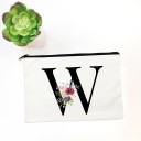 Trousse de maquillage pour femme avec initiale et fleurs aquarelles Étui plat blanc zippé en tissu Dimensions 14 x 22 cm Fermeture éclair noire 23