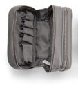Trousse de maquillage pour femmes avec deux compartiments zippés Poignée Compartiments pour pinceaux et poches Cuir PU gris et PVC Organisateur 2
