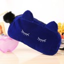 Trousse de maquillage pour femmes en forme de chat avec des oreilles Yeux fermés brodés Pompon sur la fermeture éclair Tissu au toucher 1