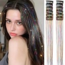 Třpytivé prameny do vlasů na sponkách 50 cm, sada 12 ks, clip-in tinsel pro zdobení účesu, lesklý vlasový doplněk pro dámy 4