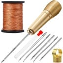 Trusă de cusut manuală din piele cu mâner din alamă, 5 ace, înfășurator de ață și deget pentru repararea încălțămintei, tapițerie și produse 3