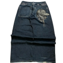 Tummansiniset vintage-tyyliset baggy-farkut pääkallokirjonnalla, naisten korkeavyötäröiset, leveälahkeiset housut, rento ja väljä katutyylinen 1