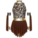 Tuta da danza per ragazze con stampa leopardata e gonna in tulle, tuta marrone in nylon ed elastan con cintura dorata per jazz e danza moderna 1