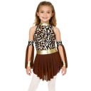 Tuta da danza per ragazze con stampa leopardata e gonna in tulle, tuta marrone in nylon ed elastan con cintura dorata per jazz e danza moderna 3