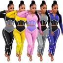 Tuta da donna felpa corta con zip e pantaloni aderenti a vita alta Bordature bianche Contrasto Collo alto Maniche lunghe Poliestere 10