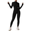 Tuta sportiva da donna con maniche lunghe e leggings con zip nel décolleté, tuta fitness monocolore in nylon e spandex 4