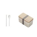 Two-tiered bento box for food with spoon and chopsticks Cutlery compartment Insertable divider Lid with wood decor Made of plastic 18.5 x 10.5 x 1