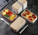 Two-tiered bento box for food with spoon and chopsticks Cutlery compartment Insertable divider Lid with wood decor Made of plastic 18.5 x 10.5 x 2