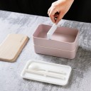 Two-tiered bento box for food with spoon and chopsticks Cutlery compartment Insertable divider Lid with wood decor Made of plastic 18.5 x 10.5 x 3