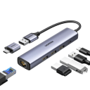 Uitbreidbare USB hub met RJ45 LAN 1000Mbps en 3× USB 3.0 poorten aluminium behuizing grijze USB-A en USB-C adapter voor laptop PC 2
