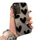 Ultra mince coque pour Samsung Galaxy A57 Motif de grands cœurs noirs Contours blancs Fond gris mat Cadre noir de l'appareil photo 4