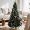 Umelý vianočný stromček Zasnežený S umelými šiškami Skládací Výška 150 cm Drevený podstavec 40 cm Zelená a biela Dekorácia do bytu 3