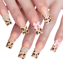 Uñas acrílicas de moda para mujeres y niñas Punta francesa Diseño de leopardo Lazos 3D y corazones Diferentes tamaños Forma cuadrada 1