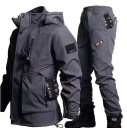 Unisex motocyklregnjacka med huva och byxor, fickor, skydd mot regn, polyester, bomull för motorcykelkörning 2
