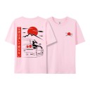 Unisex Short-Sleeved T-Shirt with Japanese Style Sports Car Print Featuring a Red Sun and Mountains on the Back and Front 16