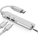 USB-C to 3.5mm Jack and 2x USB-C Adapter for Headphones with Jack and USB-C and Charging Silver Aluminium Alloy Body Short Cable 1