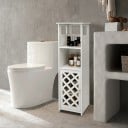 Úzka kúpeľňová skrinka 78 x 22 x 22 cm s dvierkami s mriežkovým vzorom a dvoma otvorenými priehradkami s ozdobnými výrezmi v bielej farbe 3