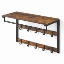 Væghængt knagerække med hylde 42 x 65 x 30 cm og 10 aftagelige kroge på 2 stænger med en stang til bøjler i brun og sort farve til entreen 7