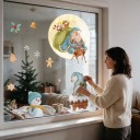 Vánočné samolepky na okno Viacnásobne použiteľné Santa na pozadí úplňku Skriatok v komíne a snehuliak na streche Modrá Dekorácia na výlohu 3