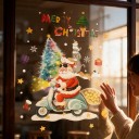 Vánoční samolepky na okna Vícekrát použitelné Santa na skútru s kočičkami Duhový stromek Nápis Merry Christmas a hvězdičky Na Vánoce 2
