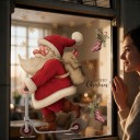 Vánoční samolepky na okno Vícekrát použitelné Santa Claus na koloběžce s pytlem Punčochy a zlaté vločky Červená Dekorace na výlohu 3
