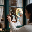 Vánoční samolepky na okno Vícekrát použitelné Santa na pozadí úplňku Skřítek v komíně a sněhulák na střeše Modrá Dekorace na výlohu 4