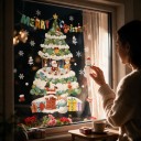 Vánoční samolepky na okno Vícekrát použitelné Zasněžený vánoční stromeček s kolotočem Santa a sněhulák Zelená Dekorace na výlohu 6