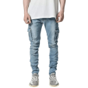 Vaqueros cargo para hombre Corte ajustado Elástico Múltiples bolsillos Aspecto lavado Pantalones casuales para uso diario Vaqueros modernos 4