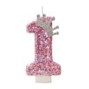 Vela de cumpleaños rosa con número y corona de 7,5 cm, decoración de princesa para fiesta de niñas, feliz cumpleaños 2