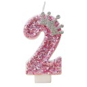 Vela de cumpleaños rosa con número y corona de 7,5 cm, decoración de princesa para fiesta de niñas, feliz cumpleaños 3