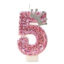 Vela de cumpleaños rosa con número y corona de 7,5 cm, decoración de princesa para fiesta de niñas, feliz cumpleaños 5
