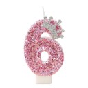 Vela de cumpleaños rosa con número y corona de 7,5 cm, decoración de princesa para fiesta de niñas, feliz cumpleaños 6