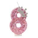 Vela de cumpleaños rosa con número y corona de 7,5 cm, decoración de princesa para fiesta de niñas, feliz cumpleaños 8