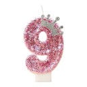 Vela de cumpleaños rosa con número y corona de 7,5 cm, decoración de princesa para fiesta de niñas, feliz cumpleaños 9