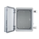 Venkovní rozvodná krabice IP67 z ABS plastu se šedým průhledným víkem, rozměry 15 x 15 x 9 cm, montážní deska v balení 5